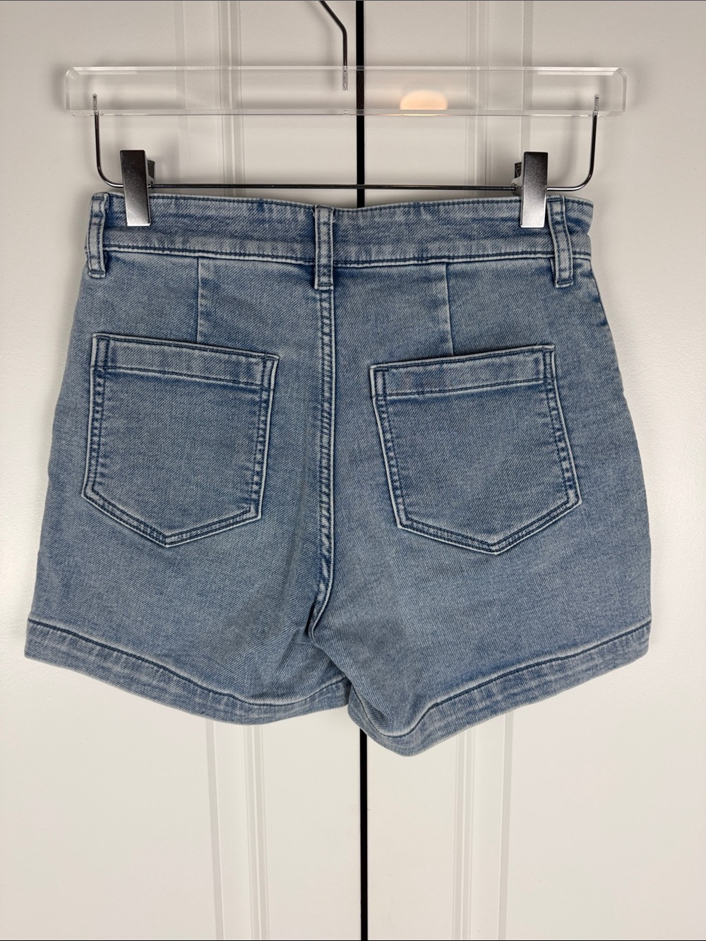 FAHERTY Stretch Terry Patch Pocket Light Blue High-Rise Denim Shorts - Picture 7 of 8
